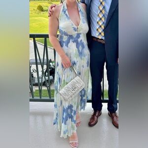 Pleated Watercolor Halter Maxi Dress in Blue & Green